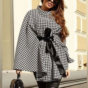 Luxe houndstooth cloak sleeve belted cap top